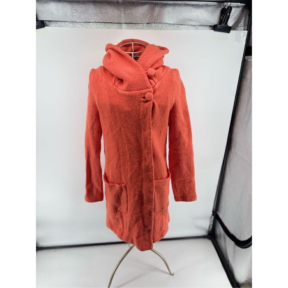 Anthropologie Moth Orange Boiled Wool Hooded Cowl Neck Coat Womens Size XS